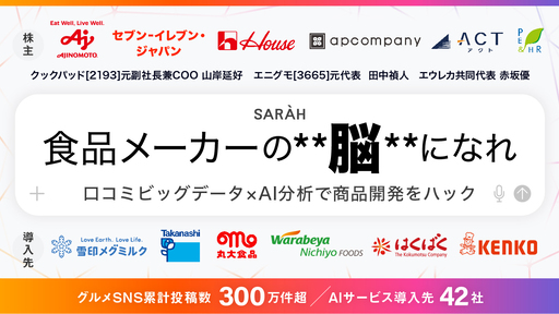 〈味の素・セブン-イレブンも出資〉累計300万件超の"一品単位"口コミビッグデータ×AIを展開。データドリブンな商品開発で食の未来を生成「SARAH」