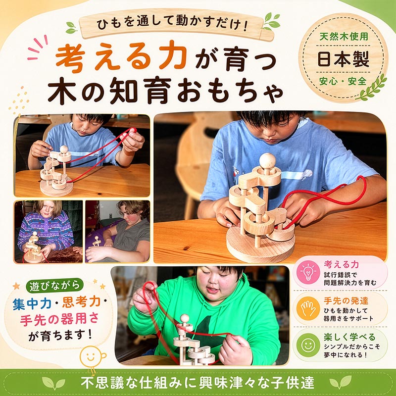 思考力アップ、知育、空間認識力、理論的思考「無塗装つみき200ピース」日本製 立体知恵の輪（4段）日本製 空間認識力、論理的思考、推理力…。子供