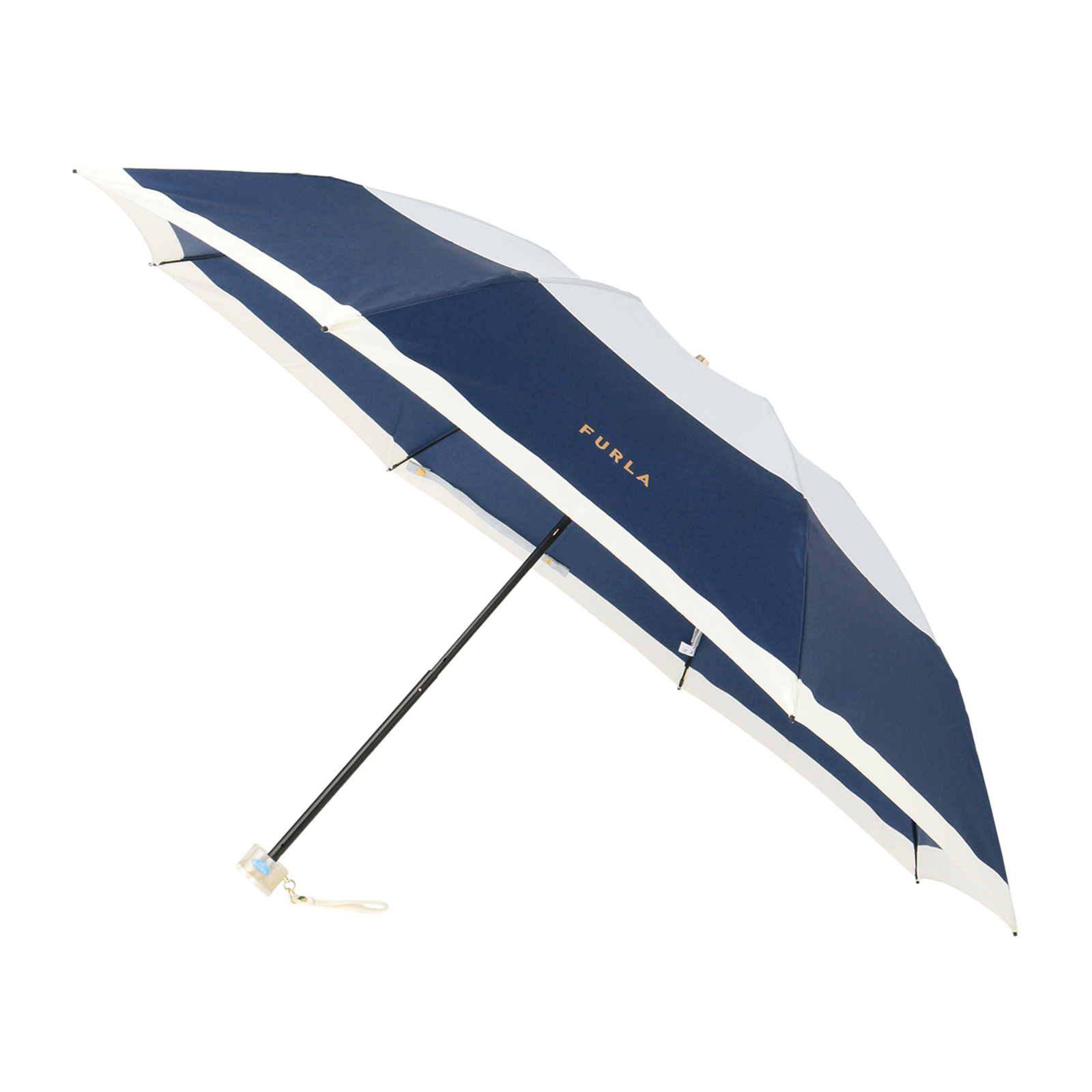 【未使用品】フルラ ボーダー 晴雨兼用 折り畳み傘 日傘 ブルー 雨傘】 フルラ (FURLA) カラーボーダー ロゴプリント 折りたたみ