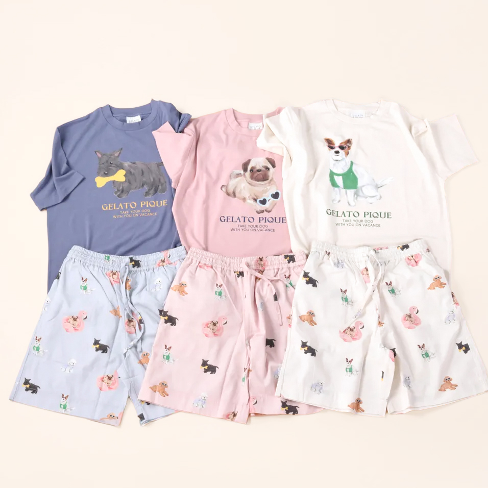 WOMEN】DOGワンポイントTシャツ＆UNISEX SUMMER DOG総柄ハーフパンツ