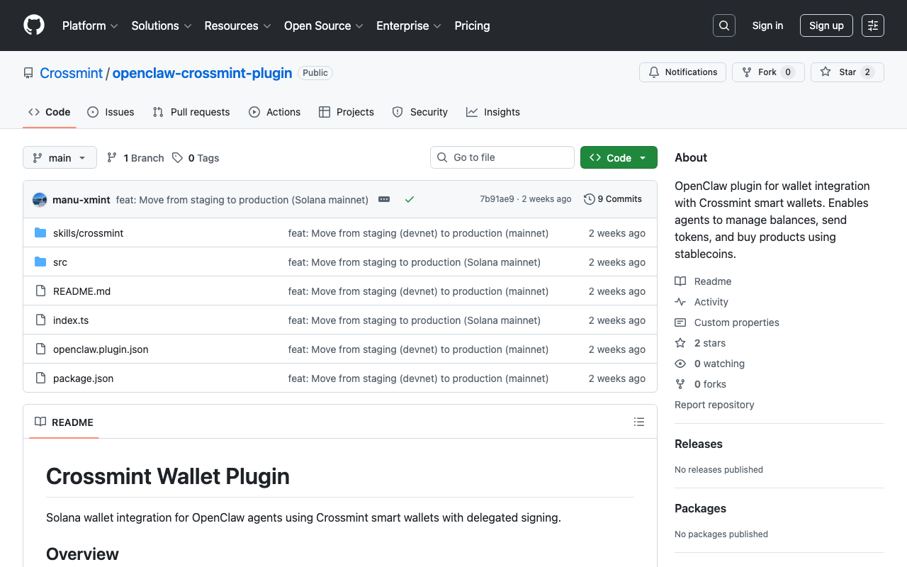 Crossmint OpenClaw Plugin GitHubリポジトリ