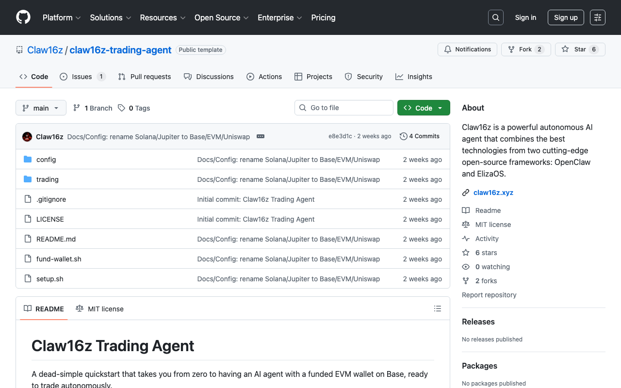 Claw16z Trading Agent GitHubリポジトリ