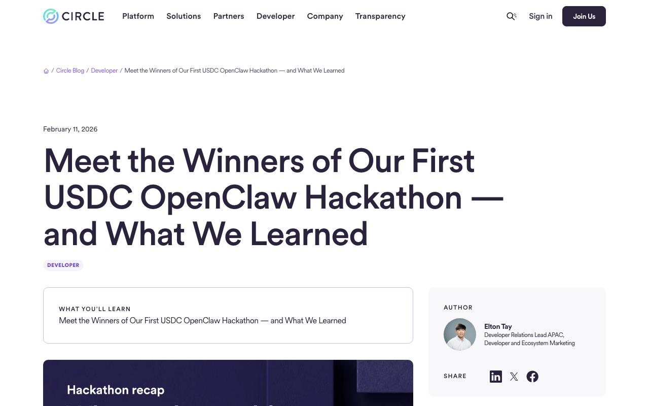 Circle Blog - USDC OpenClawハッカソン受賞者発表ページ