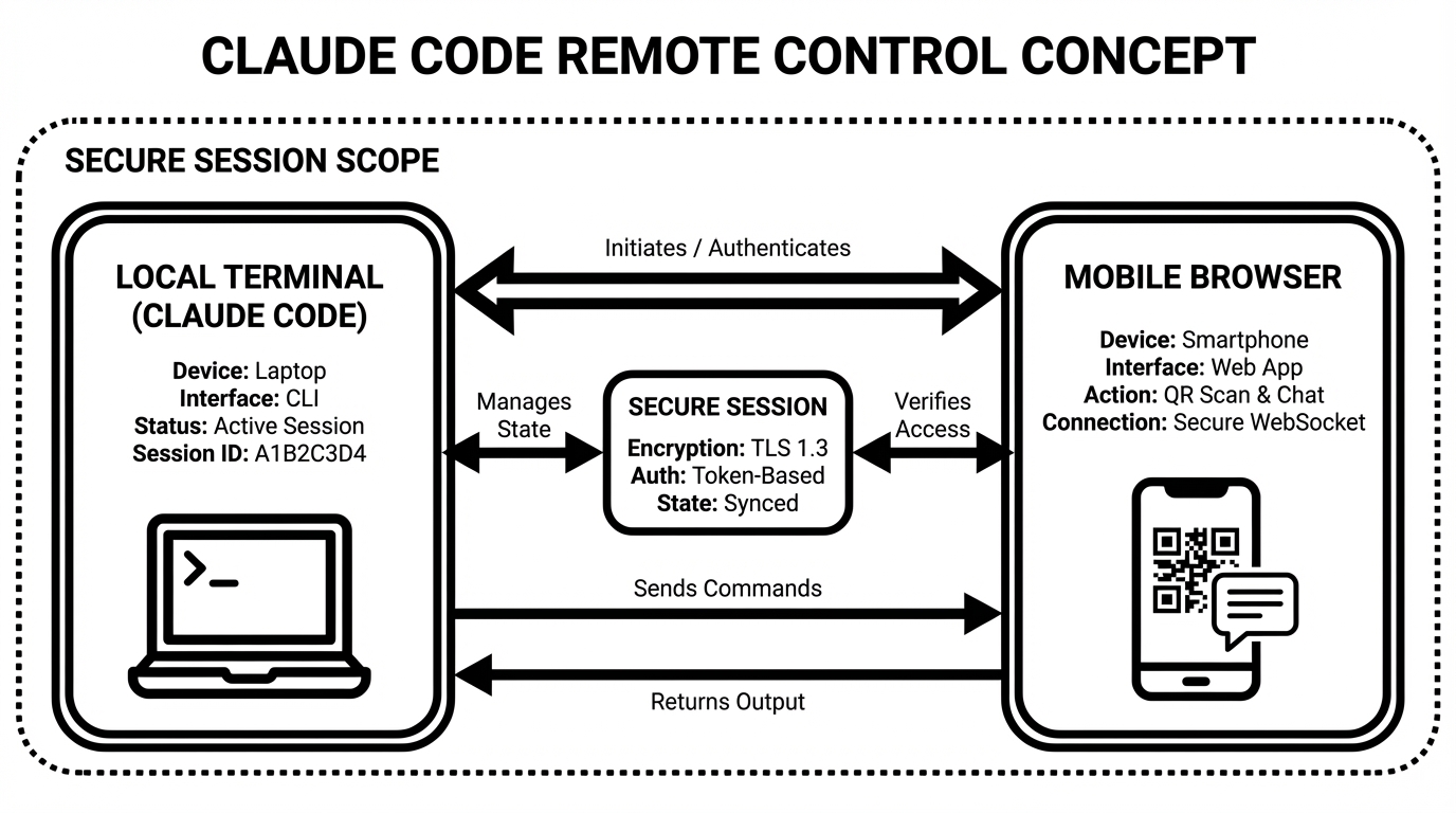 Remote Controlの概念図 - ローカルターミナルとモバイルブラウザがセキュアセッションで接続