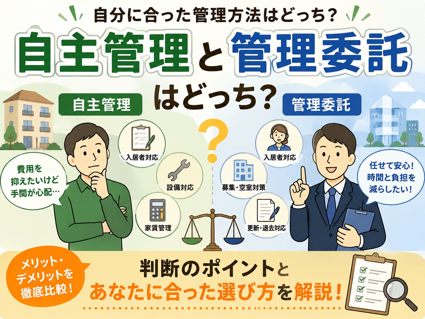 自主管理と管理委託はどっち？メリット・デメリットと判断基準