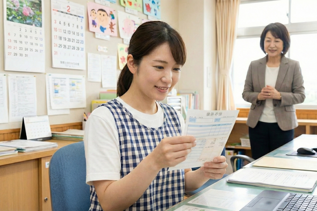 給与明細を見る保育士