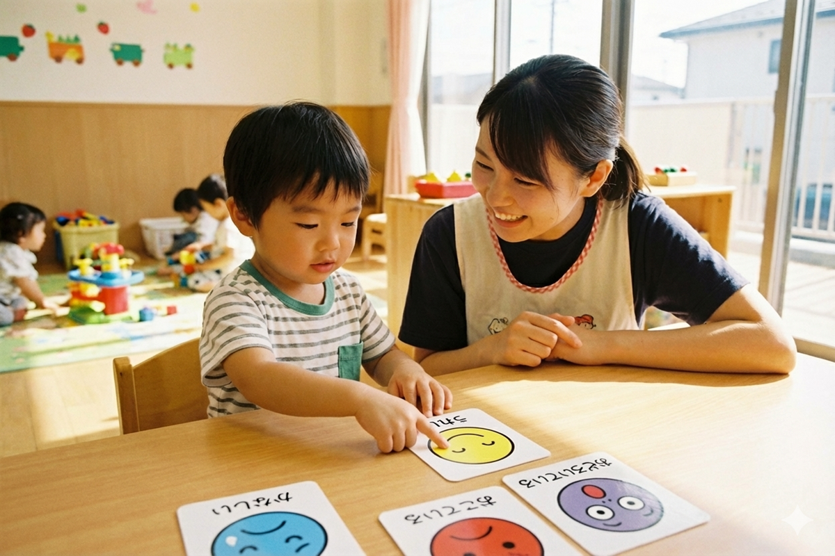 感情カードを楽しむ子どもと保育士