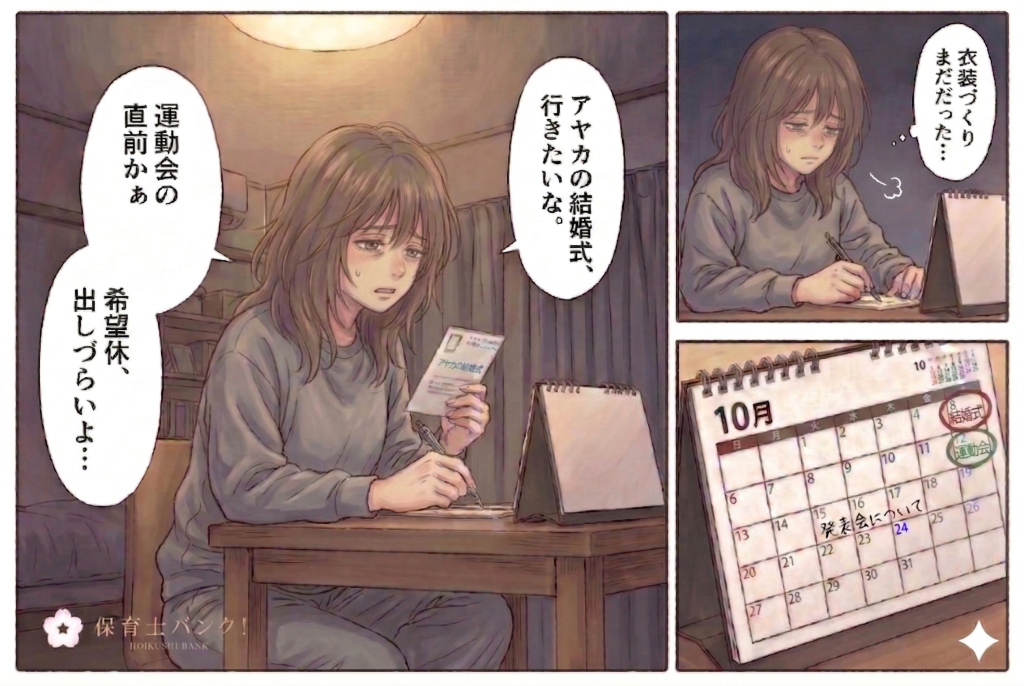 第2話1コマ目、親友の結婚式の招待状の返信に迷うミサキ