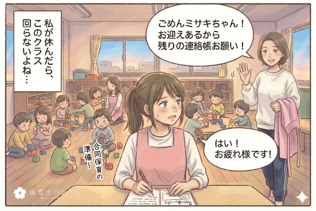 第2話3コマ目、自分が休めばクラスが回らないことを再確認する