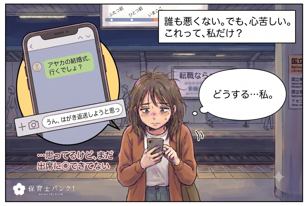 第2話4コマ目、友人からのLINEに返信しようと迷うミサキ