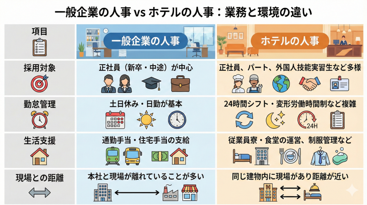 一般企業とホテルの人事の仕事比較表