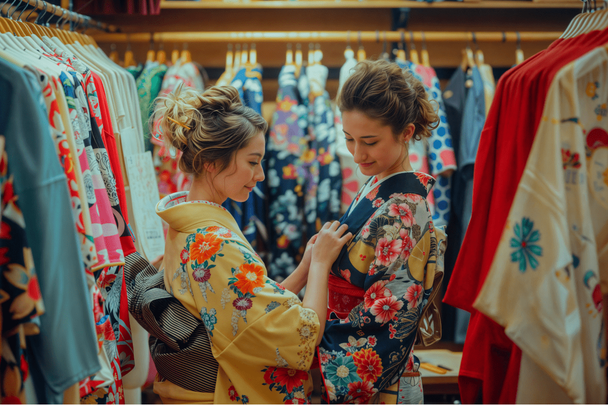 着物を試着する外国人観光客