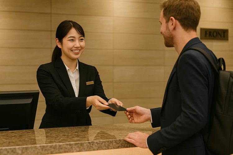 外国人のお客様と話す女性のフロントスタッフ