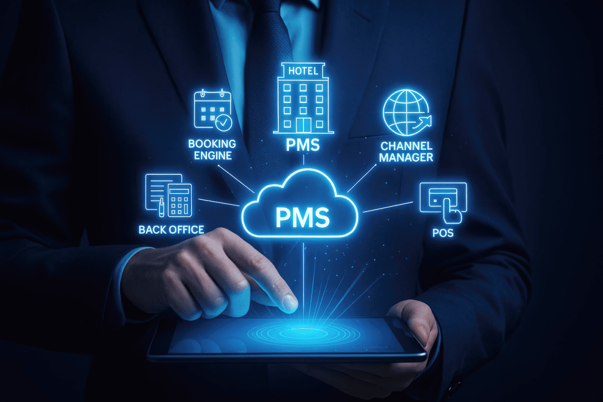 PMSと宿泊施設をつなぐシステムと男性の手