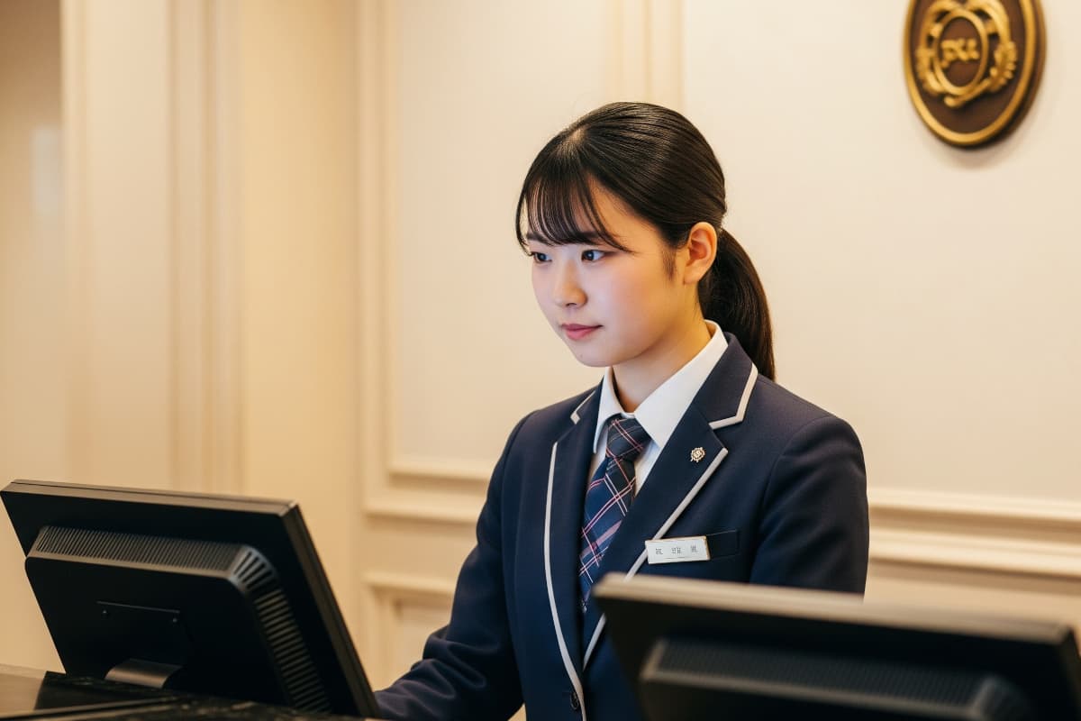 フロントでパソコン操作をする若い女性スタッフ