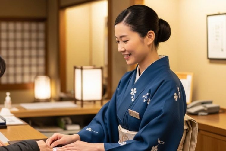 旅館の受付にいる女将