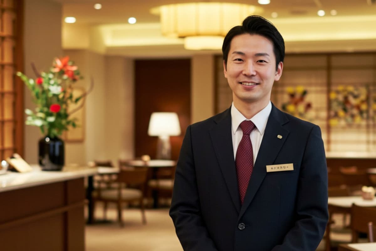 ホテルのフロントでお出迎えをする男性ホテルマン