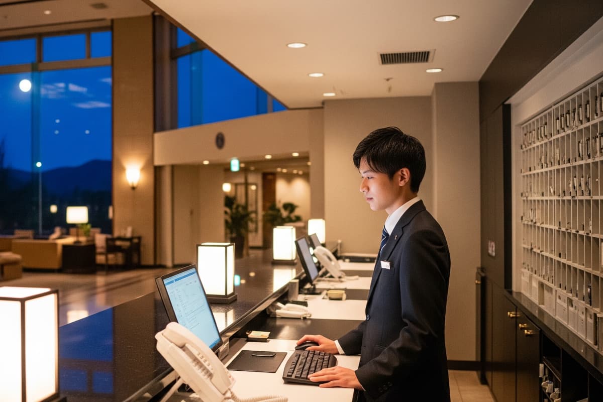 夜勤中のフロントスタッフ