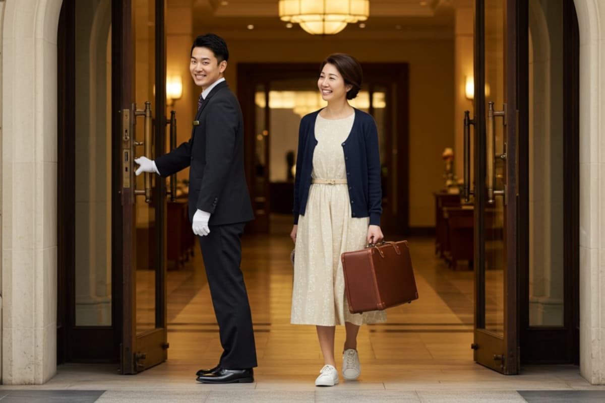 お客様のためにドアを開けるホテルの男性ドアマン