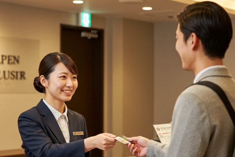 ホテルのフロントで受け付けをする女性スタッフ