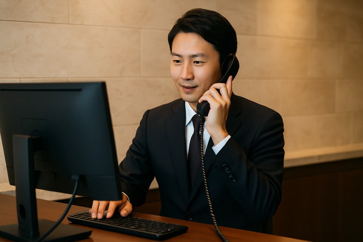 お客様からの電話を受けるコンシェルジュ