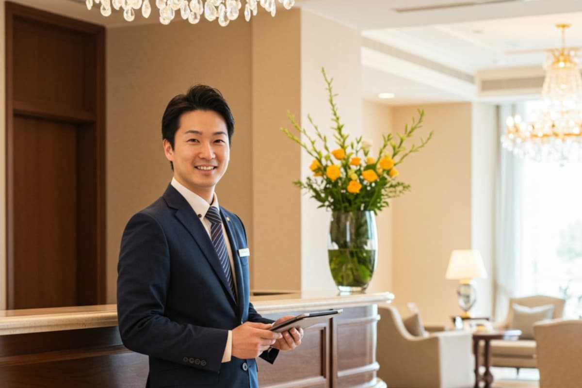 ホテルのロビーでお客様を笑顔で対応する男性アテンダント