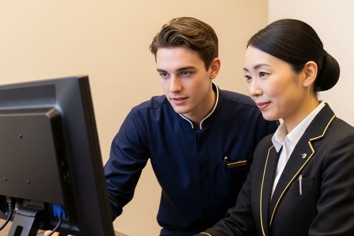 外国人の男性スタッフに指導をする日本人の女性スタッフ