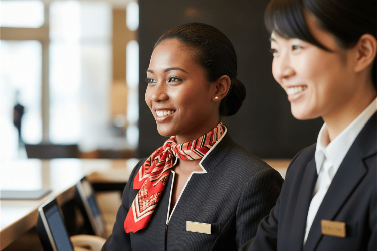 ホテルフロントで働く外国人女性