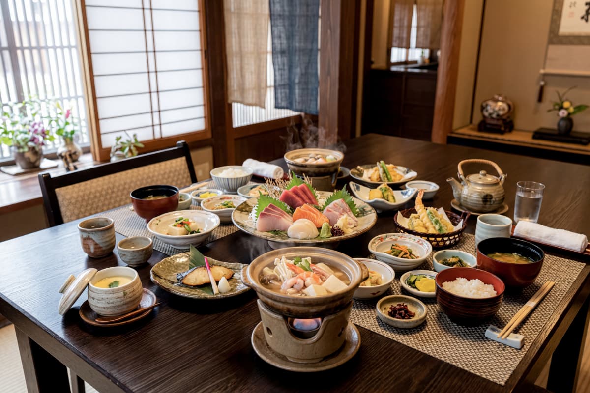 旅館の個室に並べられた料理