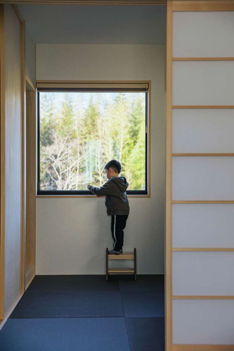 内田建設【デザイン住宅、子育て、間取り】竹林の景色を切り取ったように見える和室の窓