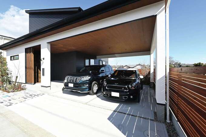 雨に濡れない 屋根一体型のガレージ