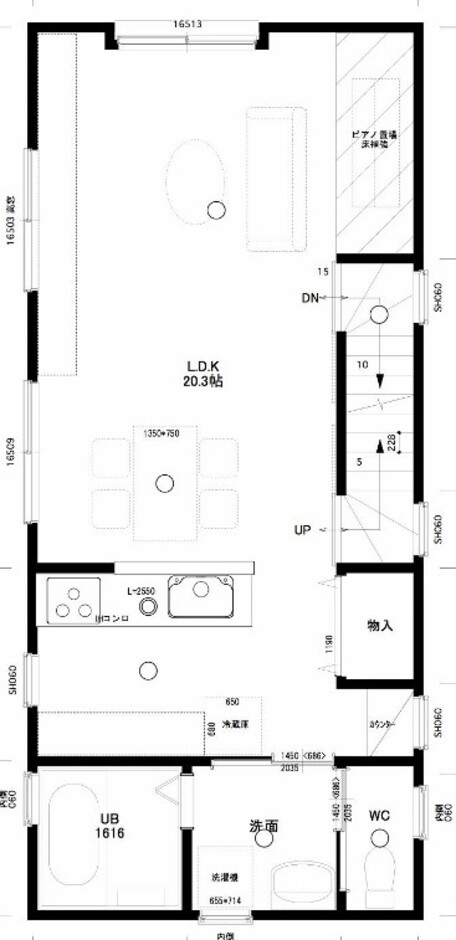 建築システム（狭小住宅専門店） プラン１５－間口４．５ｍ（２．５間）　３階建て　延床面積１２０㎡（３６坪） ２階