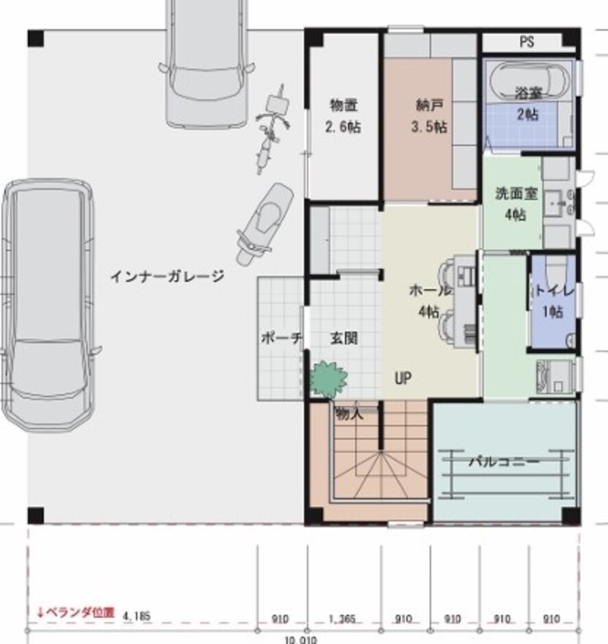 建築システム（狭小住宅専門店） プラン３７－間口１０ｍ（５．５間）　鉄骨２階建てビルトインガレージ　延床面積１４６㎡（４４．２坪） １階