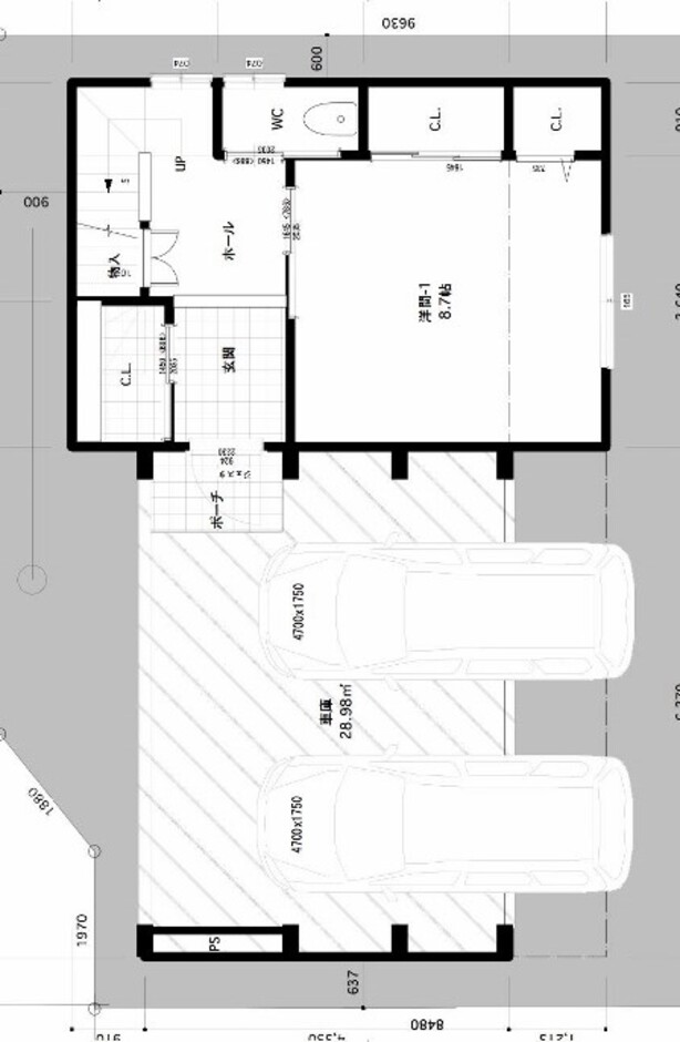 建築システム（狭小住宅専門店） 狭小プラン４４－間口１０．９ｍ（６間）木造３階建てビルトインガレージ　延床面積１５９㎡（４８坪） １階