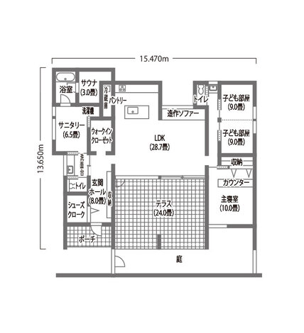平屋建築ブルーハウス 上質な空間と2つのサウナが心を潤すリゾートな平屋 1階