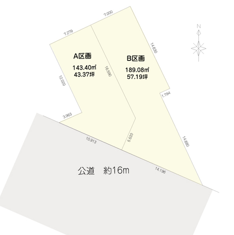 吉川住建【レジリエンスパーク豊田市今町】【建築条件なし】
■A区画　2580万円　143.40㎡（43.37坪）
南西幅員約16ｍ、接道接面10.913ｍ
■B区画　3090万円　189.08㎡（57.19坪）
南西幅員約16ｍ、接道接面14.196ｍ