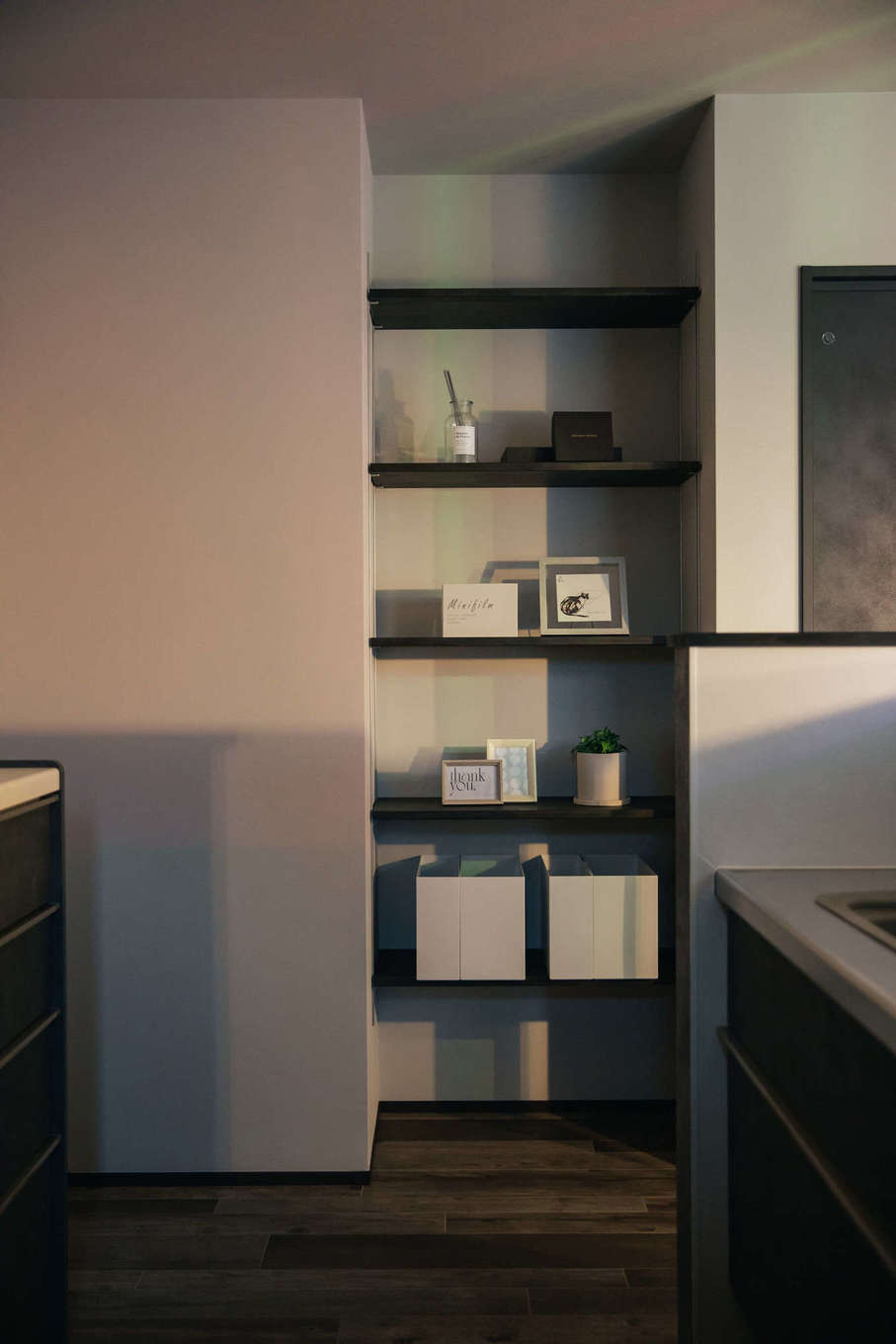 DAITOKU（大得工務店）【夫婦で暮らす、ペット、平屋】キッチン横の使いやすいパントリー。収納としてだけでなく思い出の品や写真を飾るスペースとしても活用できる