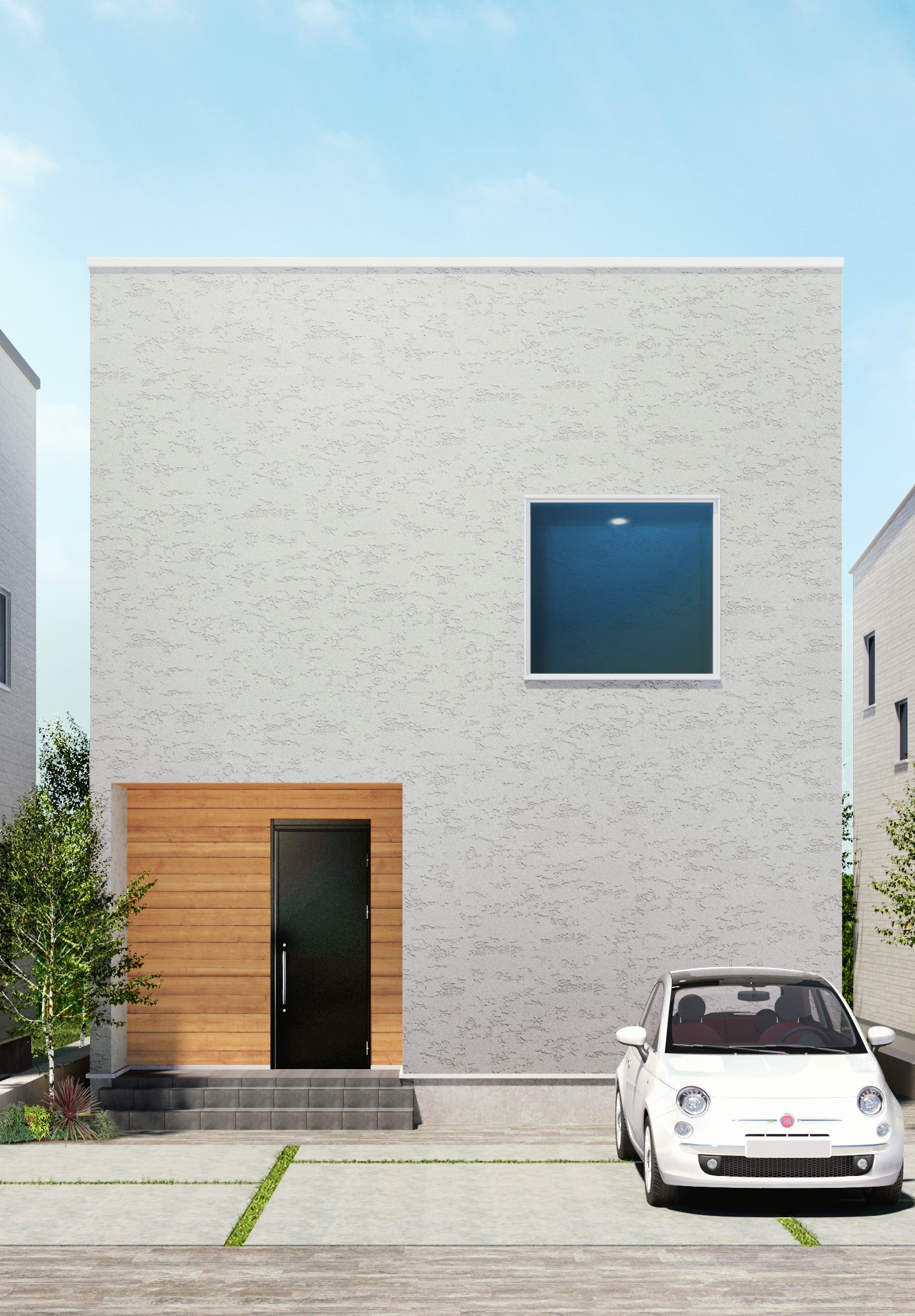 オレンジハウス【デザイン住宅、自然素材、間取り】シンプルなキューブ型の外観デザイン。塗り壁、天然木、サイディングがバランス良く融合し、落ち着いた雰囲気に。凹凸部分をつくらず総2階の構造にすることで建物が安定し、地震の揺れにも強くなる
