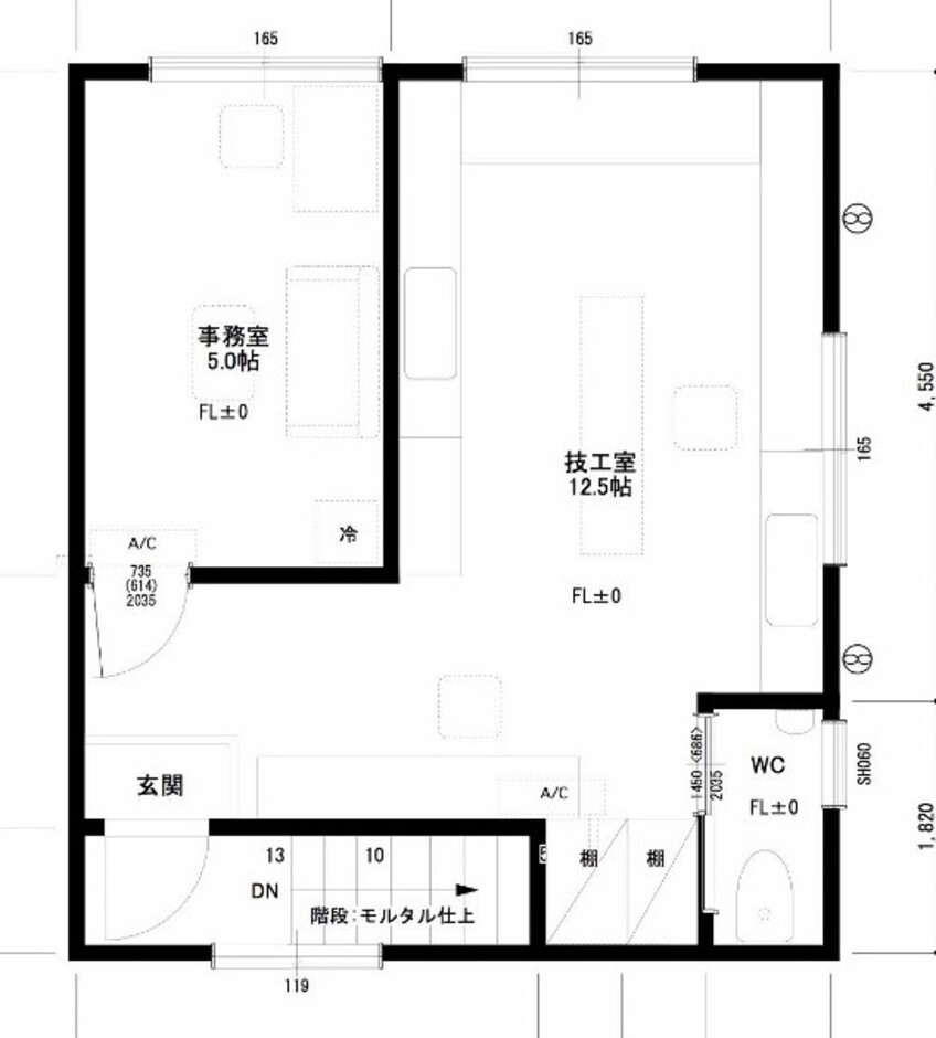 建築システム（狭小住宅専門店） プラン１２－間口５．４ｍ（３間）　店舗兼用住宅２階建て　延床面積６５㎡（１９．６坪） ２階