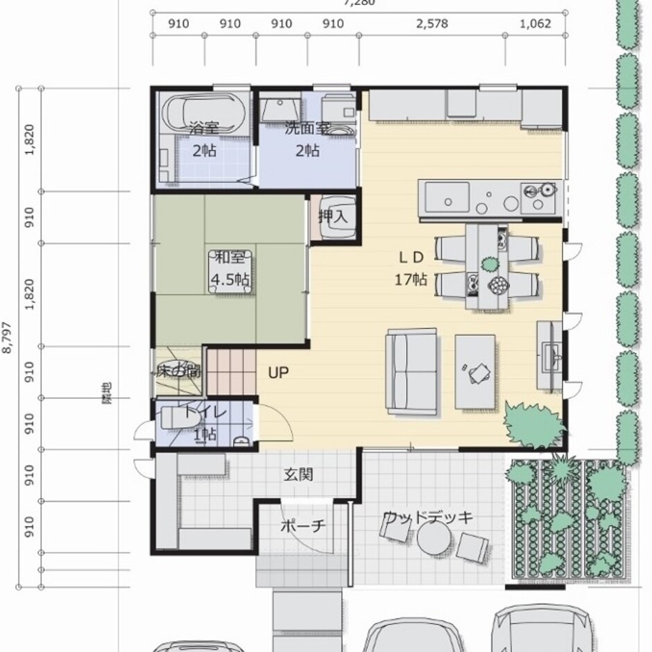 建築システム（狭小住宅専門店） プラン６－間口７．２ｍ（４．０間）　２階建て　延床面積９３．１㎡（２８．１坪） １階