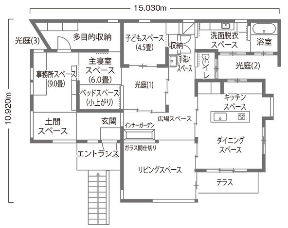m+h（エムアンドエイチ）建築設計スタジオ 家中どこからでも自然の緑が見える「余白」のある平屋 1階（一部小上がり有り）