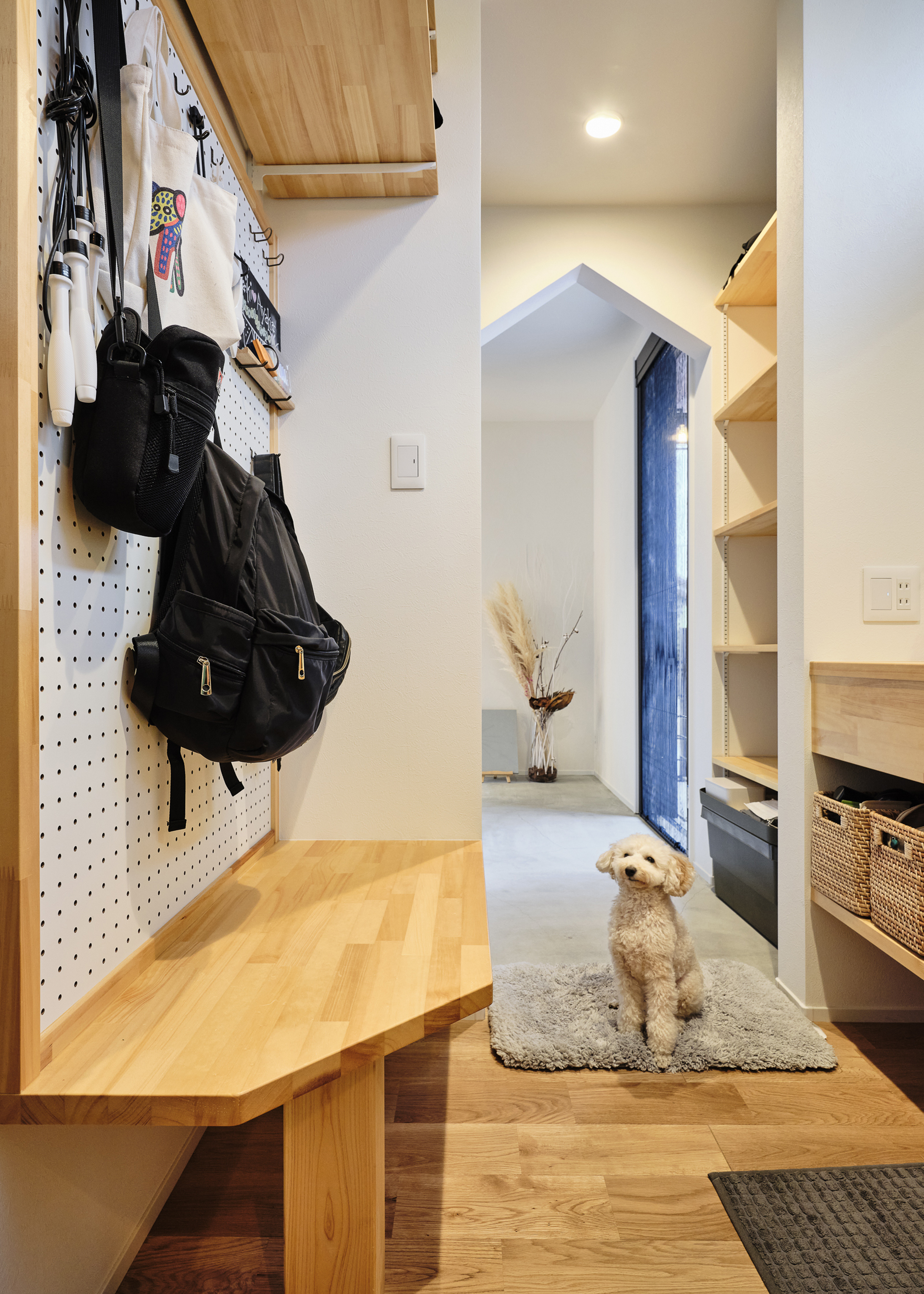 平屋建築ブルーハウス【ペット、建築家、平屋】洗面スペースに隣接した収納コーナー。壁面に有孔ボードを設け、家族のバッグや愛犬のリードや散歩道具を吊るしておけるようにした。外出時に必要なものをサッと取れるので便利