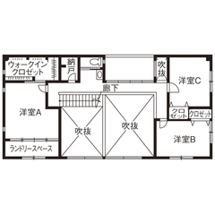 ホテルライク×ガルバリウム【ガレージハウス/50坪台/間取り図】外と中のギャップを堪能できる開放的な29畳の吹抜け