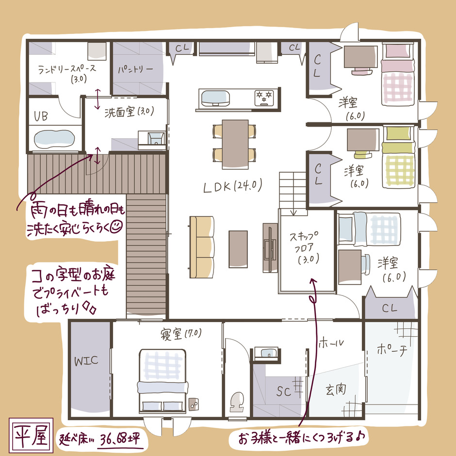 子育て安心住宅 Design Craft Office 36坪コの字型のお庭でプライベート空間を楽しめる 平屋