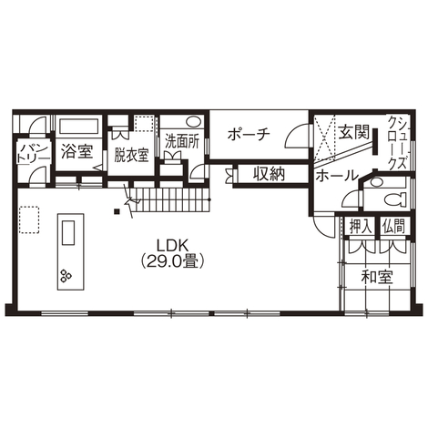 クラフトホーム ホテルライク×ガルバリウム【ガレージハウス/50坪台/間取り図】外と中のギャップを堪能できる開放的な29畳の吹抜け １F