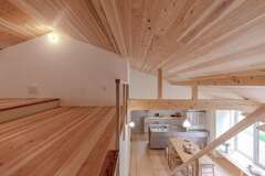 8畳のロフトはゴロンと横になったり、ゲストの寝室になったり重宝している。寝転んで天井を見上げると、天竜杉の美しい節に癒やされる