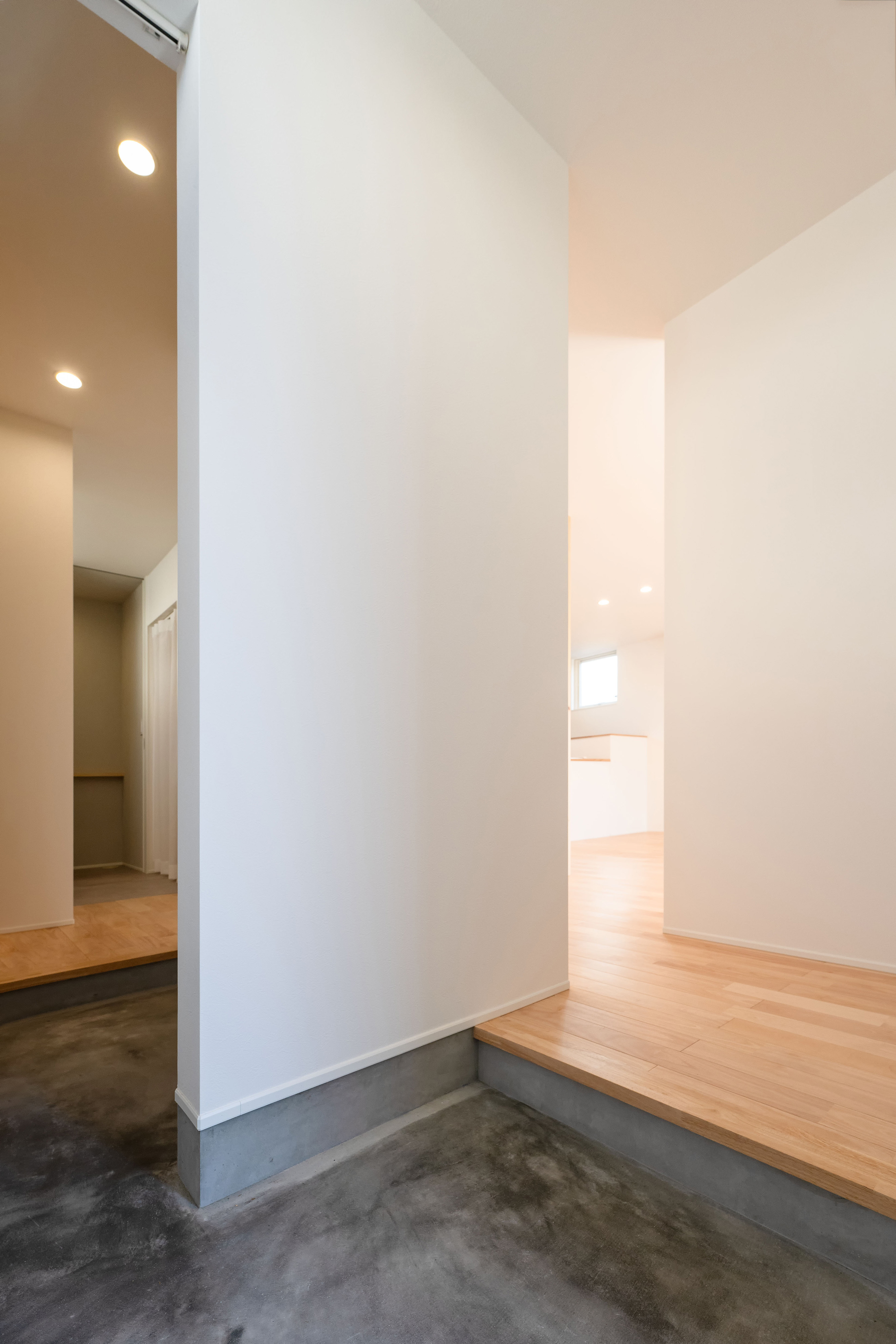 ハウスプラン（R＋house沼津・富士）【デザイン住宅、省エネ、建築家】モルタル仕上げの玄関。2つの動線を用意