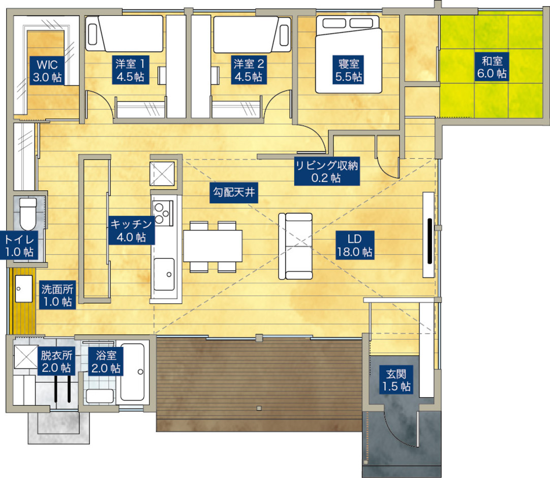 平屋建築ブルーハウス 庭との一体感を味わいながら、ずっと快適に暮らす平屋の家 1階