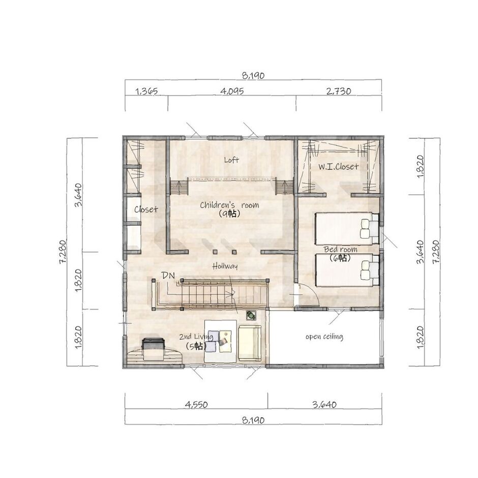 瀧口建設 ファミリー向け２階建てプラン　セカンドリビングで楽しみ方もフリー ２階平面図