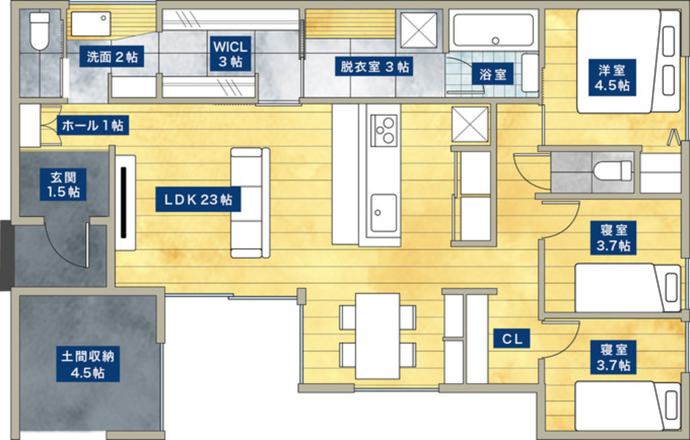 平屋建築ブルーハウス グレーが持つ曖昧さが心地よさを奏でる平屋 1階